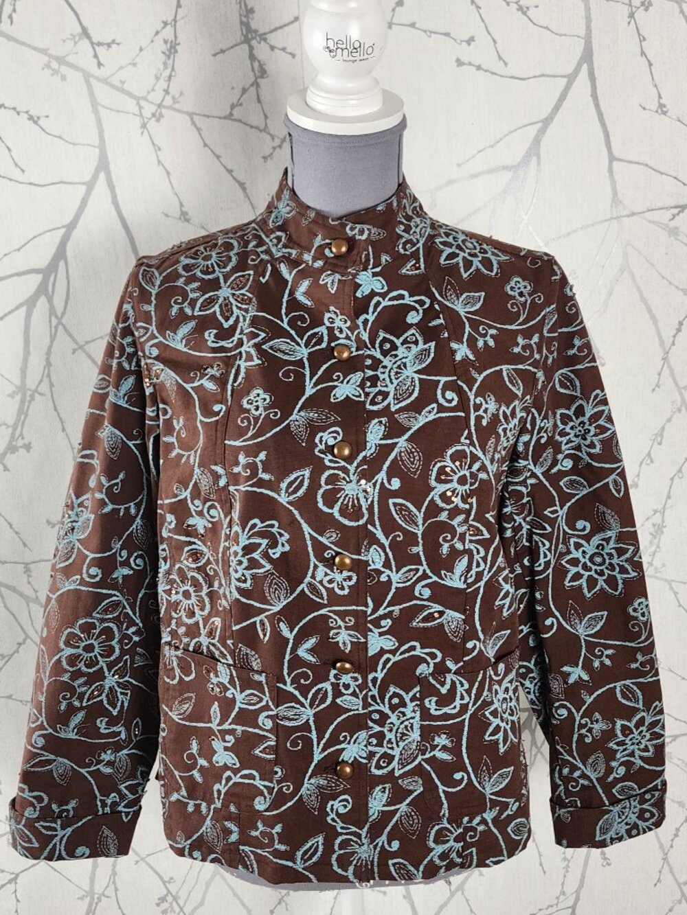 David Brooks Brown Cotton Stretch Twill Floral Embroidered Jacket
